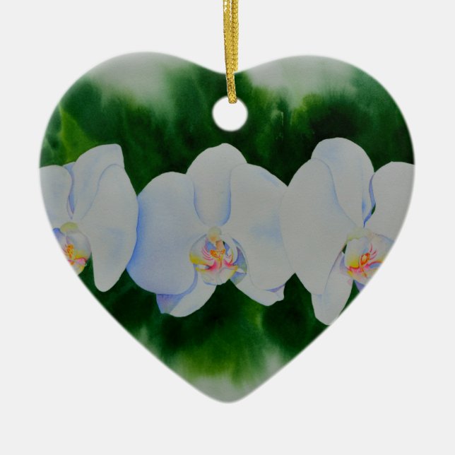 Elegantes, weißes Aquarell-Orchideenbild Keramik Ornament (Vorne)