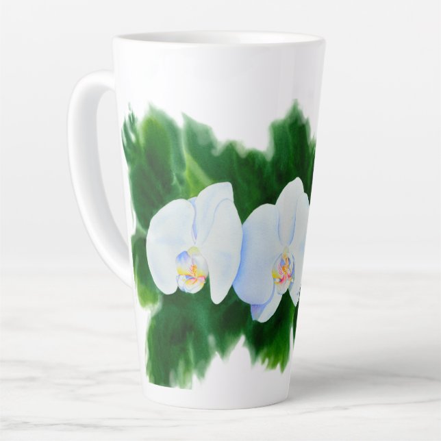 Elegantes, weißes Aquarell-Orchideenbild Milchtasse (Linke Ecke)