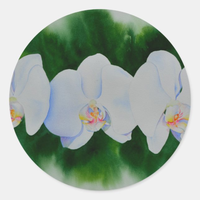 Elegantes, weißes Aquarell-Orchideenbild Runder Aufkleber (Vorderseite)