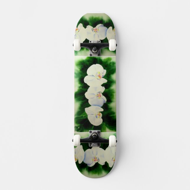 Elegantes, weißes Aquarell-Orchideenbild Skateboard (Vorderseite)