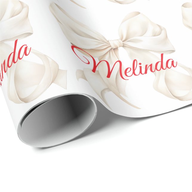 Elegantes weißes Band roter Name Weihnachten  Geschenkpapier (Rolleneckpunkt)
