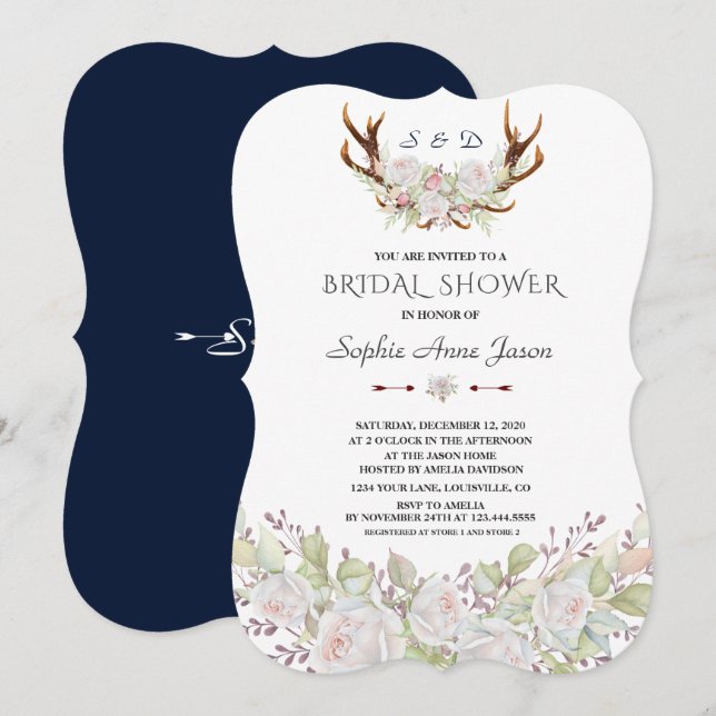 Elegantes weißes Blume Antlers Navy Brautparty Einladung (Vorne/Hinten)