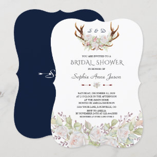 Elegantes weißes Blume Antlers Navy Brautparty Einladung
