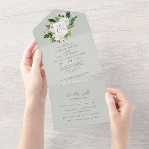 Elegantes weißes Blumen-   Salbei-Minz-Monogramm-H All In One Einladung