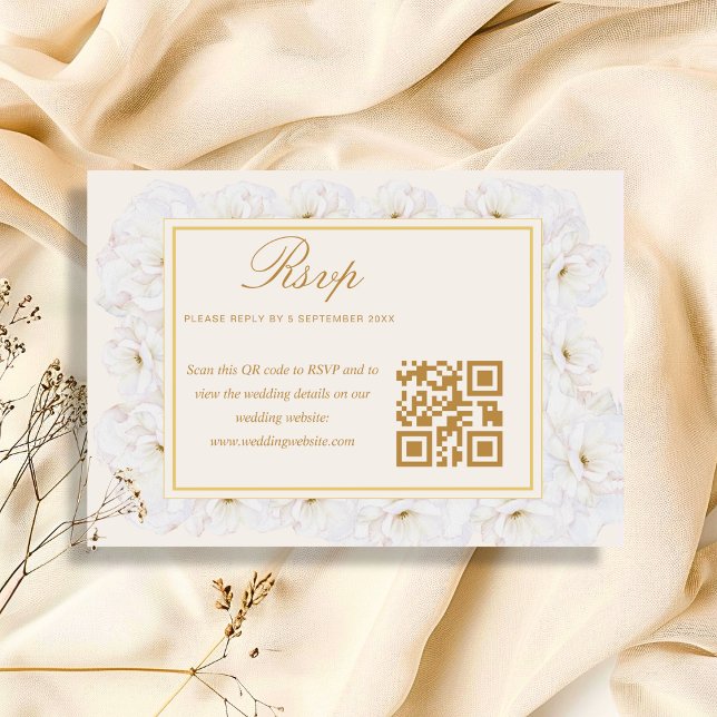 Elegantes Weißes Blumenmuster Elfenbein Gold QR RS RSVP Karte (Von Creator hochgeladen)