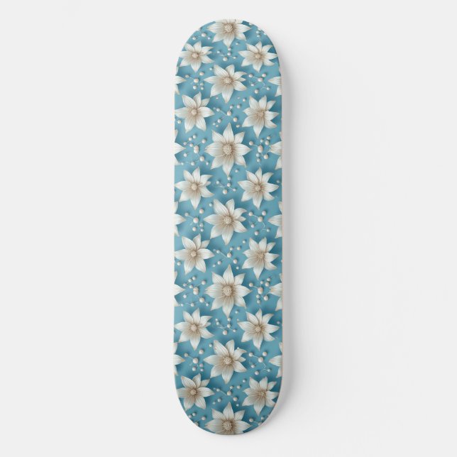 Elegantes weißes Blumenmuster mit Perlen Skateboard (Vorderseite)