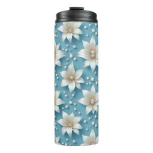 Elegantes weißes Blumenmuster mit Perlen Thermosbecher