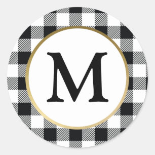 Elegantes Weißes Buffalo Kariertes erstes Monogram Runder Aufkleber