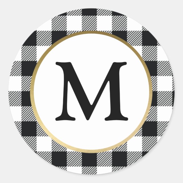 Elegantes Weißes Buffalo Kariertes erstes Monogram Runder Aufkleber (Vorderseite)