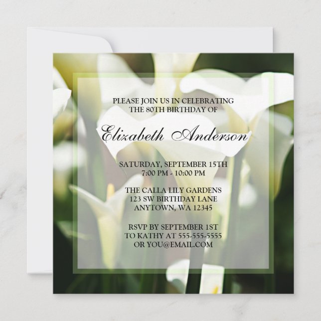 Elegantes weißes Calla-Lilien-80. Einladung (Vorderseite)