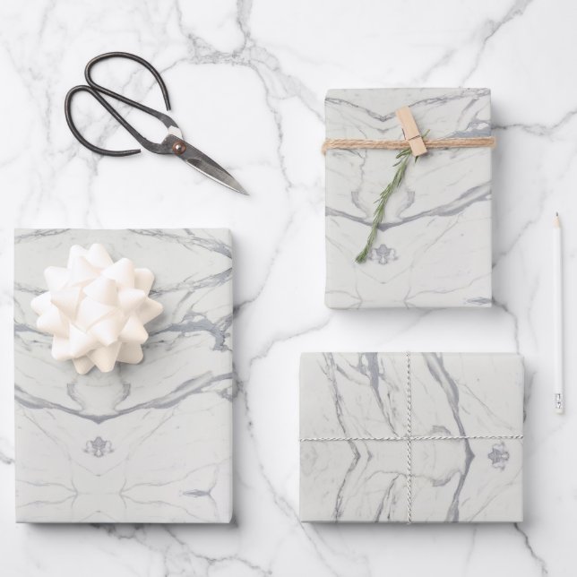Elegantes Weißes Carrara-Marmorpapier Geschenkpapier Set (Vorderseite)