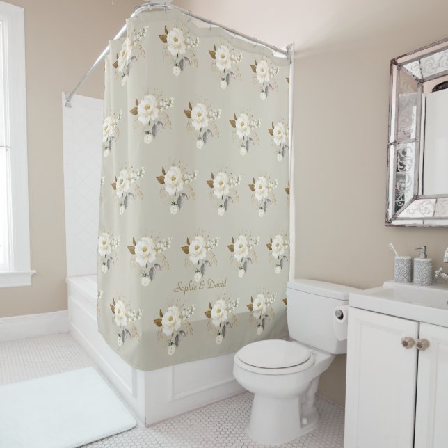 Elegantes Weißes Creme Gold Blume Monogramm Duschvorhang (Beispiel)
