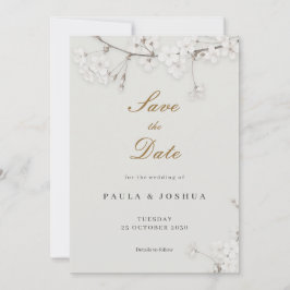 Elegantes Weißes Florales Goldschrift Save-the-Dat Save The Date