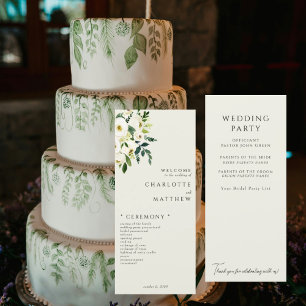 Elegantes weißes florales Hochzeitsprogramm in Cre Menükarte
