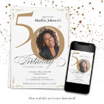 Elegantes Weißes Foto 50. Geburtstag Einladung<br><div class="desc">Elegantes Gold White Custom Foto 50. Geburtstag Einladung. Und elegant gestaltete,  besondere Geburtstagsfeier-Einladung,  mit einem individuellen Foto von Geburtstagsmenschen und Drehkalligraphie mit Vintagen blühend Elementen. Einfach genug,  um eine Vielzahl von Themen und Farben anzupassen! Brauchst du Hilfe? Kontaktieren Sie mich einfach!</div>