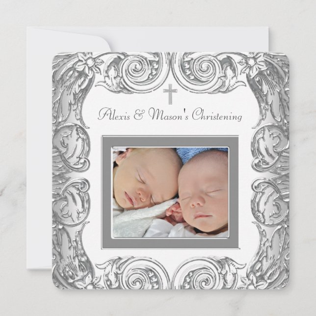 Elegantes Weißes Foto Christening Einladung (Vorderseite)