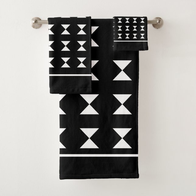 Elegantes weißes geometrisches Muster auf schwarz Badhandtuch Set (Insitu)
