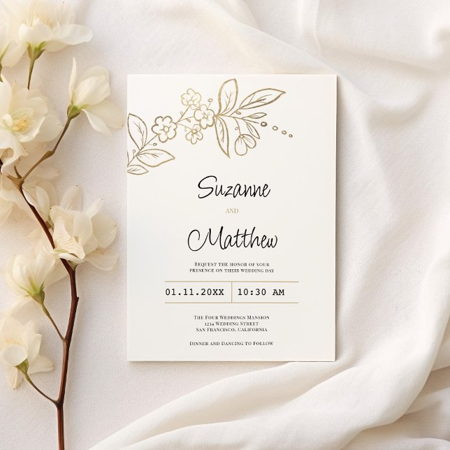 Elegantes, weißes Gold, einfache blumenreiche Hoch Einladung (Elegant chic white gold simple floral Wedding)