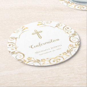 Elegantes Weißes-Gold-Kreuz-Bestätigung   Runder Pappuntersetzer