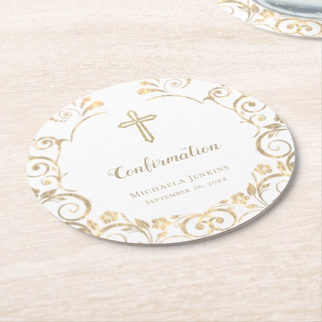Elegantes Weißes-Gold-Kreuz Runder Pappuntersetzer (Angewinkelt)