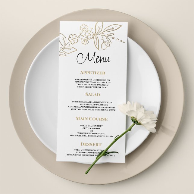 Elegantes weißes goldenes, einfaches Blumenmenü Programm (Elegant white gold simple floral Wedding Menu)