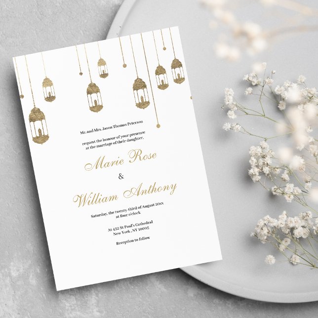 Elegantes, weißes goldfarbenes Laternenlicht Hochz Einladung (Elegant simple white gold lantern lights Wedding )