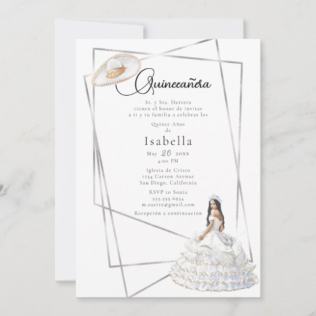 Elegantes weißes Gown und Sombrero Quinceñera Einladung (Vorderseite)