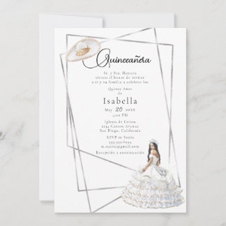 Elegantes weißes Gown und Sombrero Quinceñera Einladung