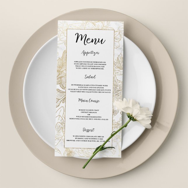 Elegantes, weißes, graues Marmor-Menü für Hochzeit Programm (Elegant white gold gray marble floral Wedding Menu )