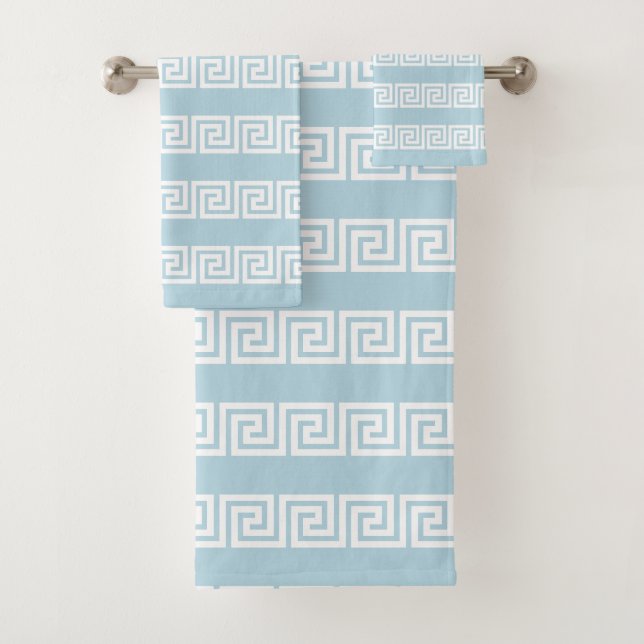 Elegantes weißes griechisches Muster auf hellblau Badhandtuch Set (Insitu)