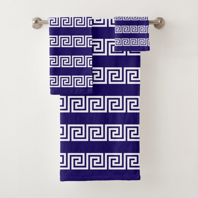 Elegantes weißes griechisches Muster auf Navy Blue Badhandtuch Set (Insitu)