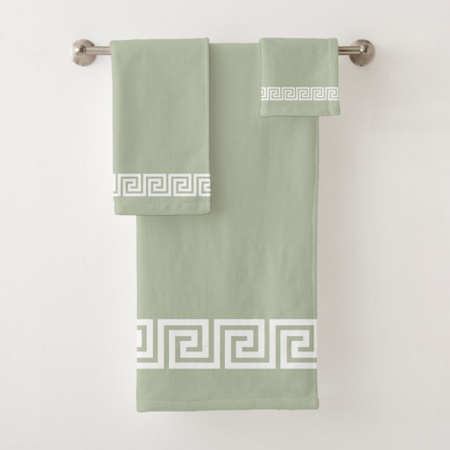 Elegantes weißes griechisches Muster auf Sage Gree Badhandtuch Set (Insitu)