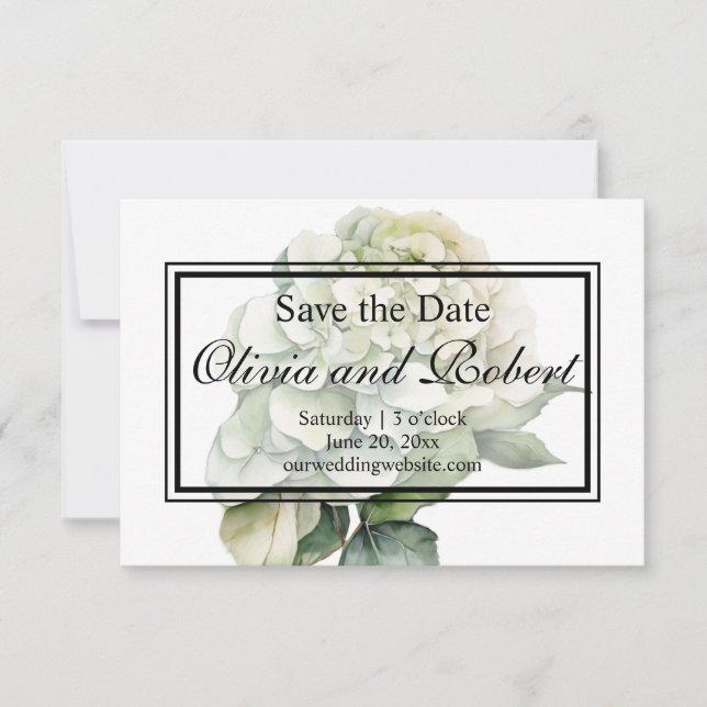 Elegantes weißes, grünes Wasserfarben, Blumenhydra Save The Date (Vorderseite)