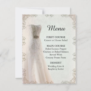 Elegantes weißes Hochzeitsmenü, Hochzeitskleid Einladung