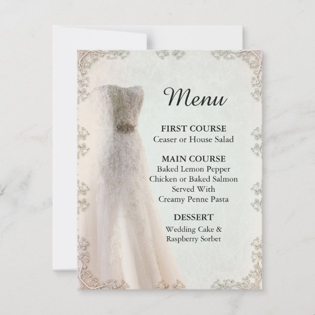 Elegantes weißes Hochzeitsmenü, Hochzeitskleid Einladung (Vorderseite)