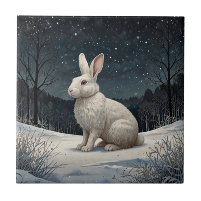 Elegantes weißes Kaninchen Weihnachtsschneewald Fliese (Vorderseite)