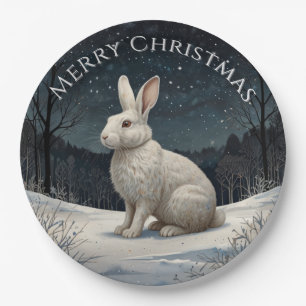 Elegantes weißes Kaninchen Weihnachtsschneewald Pappteller