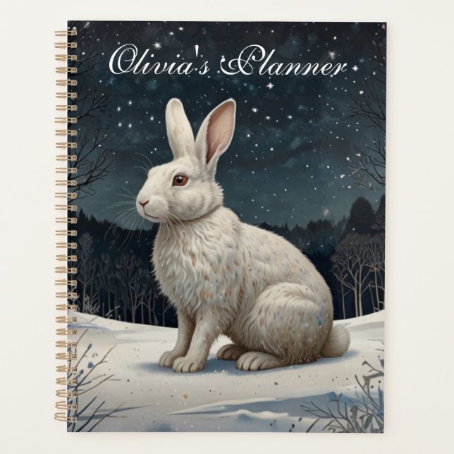 Elegantes weißes Kaninchen Weihnachtsschneewald Planer (Vorderseite)
