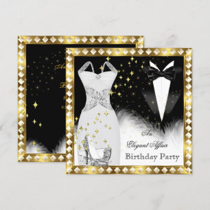 Elegantes weißes Kleid Schwarze Schleife Goldene G Einladung
