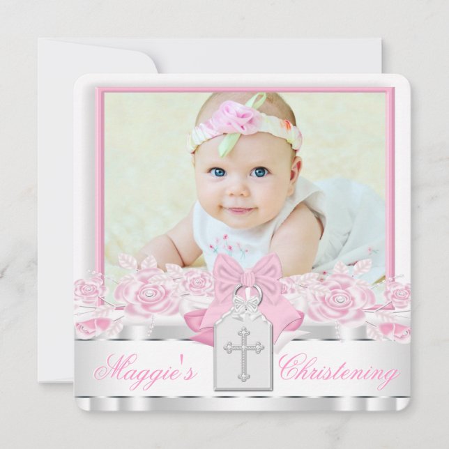 Elegantes Weißes Kreuz Rosa Foto Christening Einladung (Vorderseite)