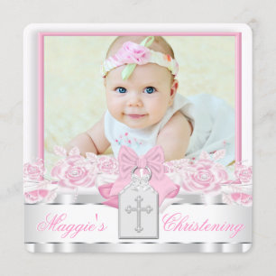Elegantes weißes Kreuz rosa Foto Taufe Einladung