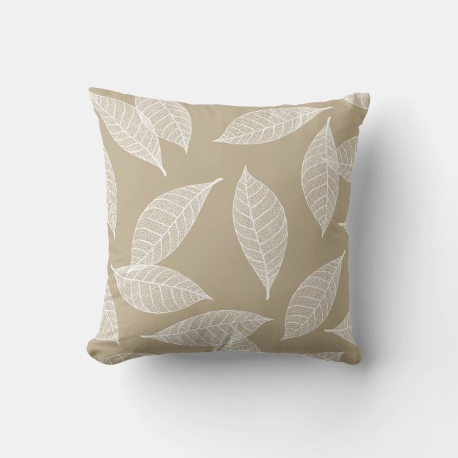 Elegantes weißes Leaf Skelett & Taupe Kissen (Vorderseite)