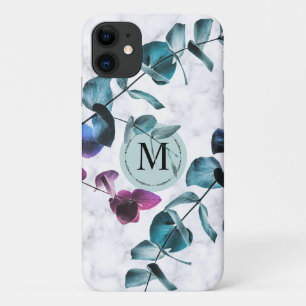 Elegantes weißes Marmor-Eukalyptusblatt-Monogramm Case-Mate iPhone Hülle