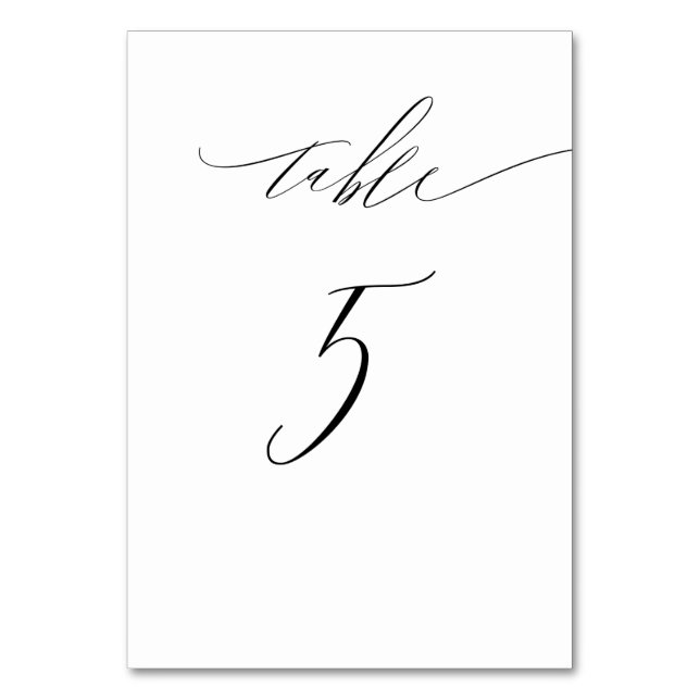 Elegantes weißes, modernes Script Nr. 5 Hochzeit Tischnummer (Vorderseite)