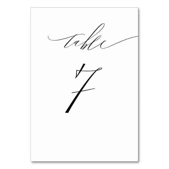 Elegantes weißes, modernes Script Nr. 7 Hochzeit Tischnummer (Vorderseite)