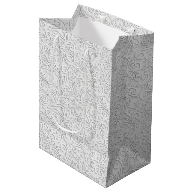 Elegantes weißes Muster Mittlere Geschenktüte (Vorderseite Schrägansicht)