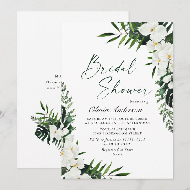 Elegantes Weißes Orchideen Bohemisches Brautparty Einladung (Vorne/Hinten)