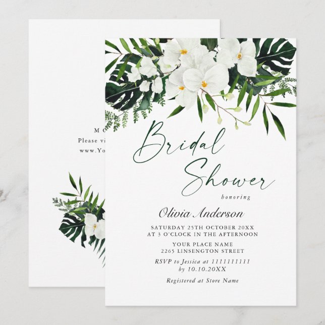 Elegantes Weißes Orchideen Bohemisches Brautparty Einladung (Vorne/Hinten)