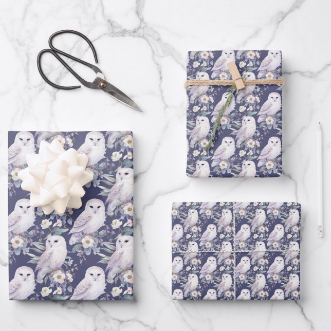 Elegantes Weißes Owl Geschenkpapier Set (Vorderseite)