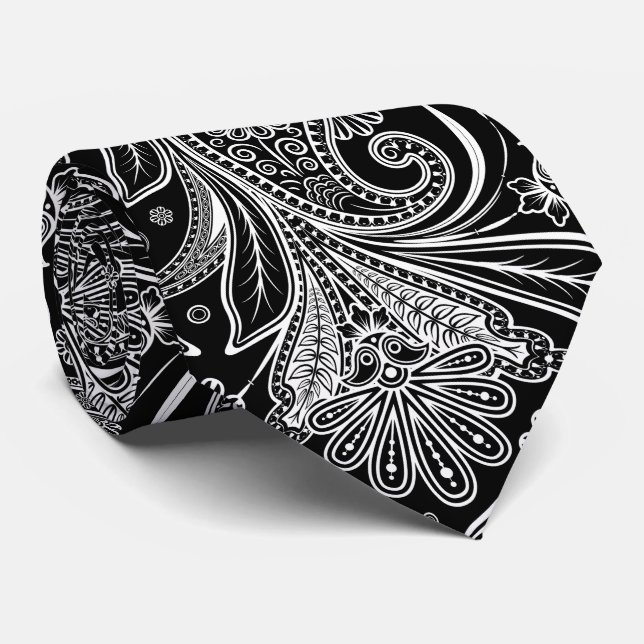 Elegantes weißes Paisley auf schwarzem Hintergrund Krawatte (Gerollt)